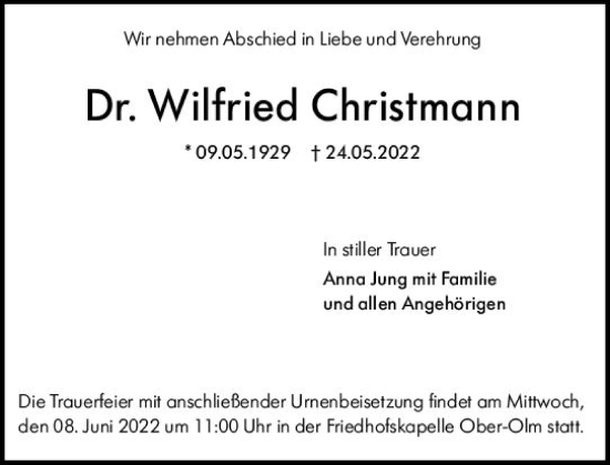 Traueranzeige von Wilfried Christmann von vrm-trauer AZ Mainz