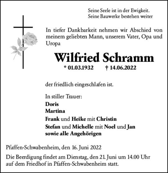 Traueranzeige von Wilfried Schramm von vrm-trauer Allg. Zeitung Bad Kreuznach