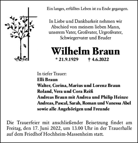 Traueranzeige von Wilhelm Braun von vrm-trauer Hochheimer Zeitung