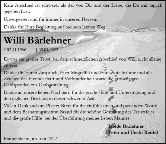 Traueranzeige von Willi Bärlehner von vrm-trauer Allgemeine Zeitung Alzey