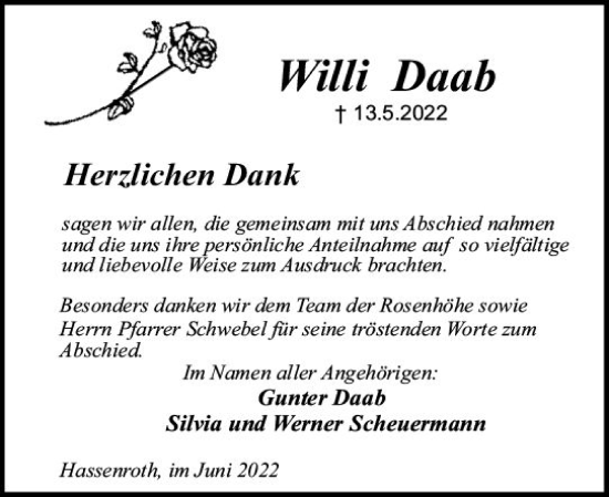 Traueranzeige von Willi Daab von vrm-trauer Odenwälder Echo