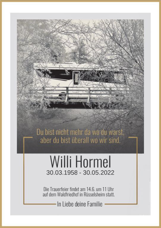 Traueranzeige von Willi Hormel von vrm-trauer Rüsselsheimer Echo / MainSpitze