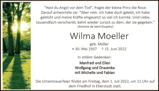 Traueranzeige von Wilma Moeller von vrm-trauer Darmstädter Echo