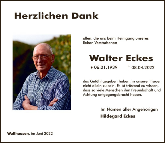 Traueranzeige von Wlater Eckes von vrm-trauer Allg. Zeitung Bad Kreuznach