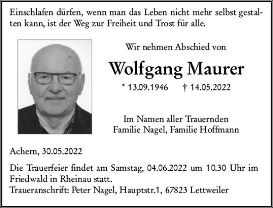 Traueranzeige von Wolfgang Maurer von vrm-trauer Allg. Zeitung Bad Kreuznach