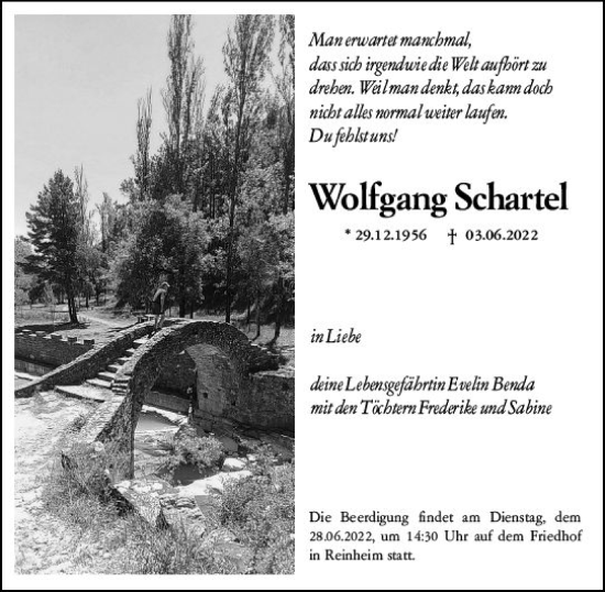 Traueranzeige von Wolfgang Schartel von vrm-trauer Darmstädter Echo
