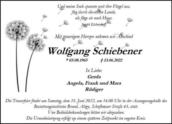 Traueranzeige von Wolfgang Schiebener von vrm-trauer Allgemeine Zeitung Alzey