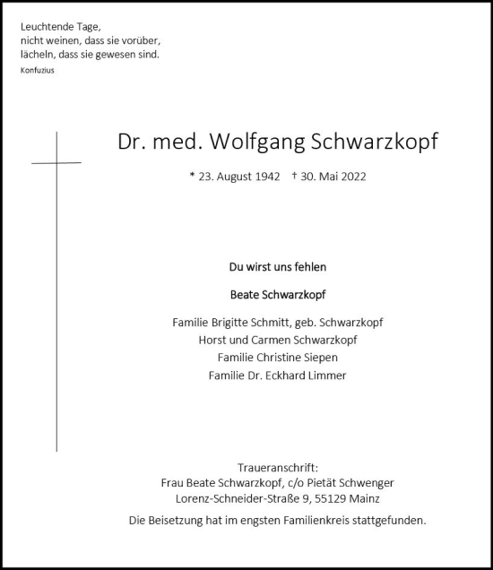 Traueranzeige von Wolfgang Schwarzkopf von vrm-trauer AZ Mainz