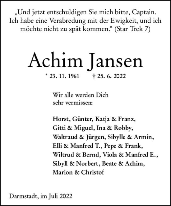 Traueranzeige von Achim Jansen von vrm-trauer Darmstädter Echo