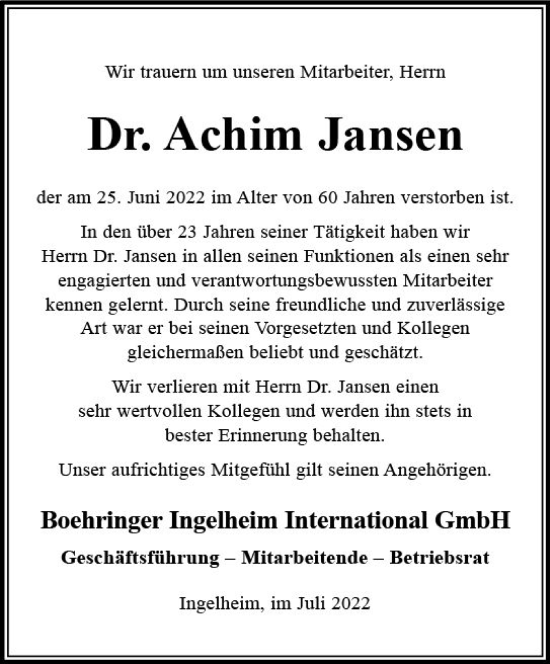 Traueranzeige von Achim Jansen von vrm-trauer Darmstädter Echo