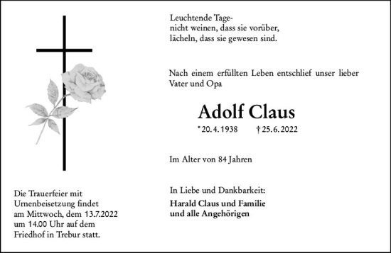 Traueranzeige von Adolf Claus von vrm-trauer Groß-Gerauer Echo
