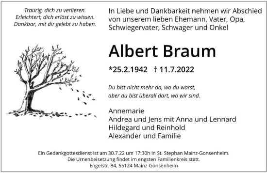 Traueranzeige von Albert Braum von vrm-trauer AZ Mainz