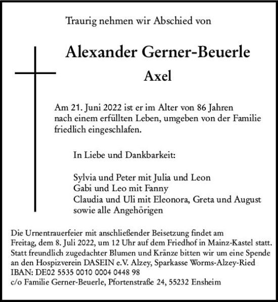Traueranzeige von Alexander Gerner-Beuerle von vrm-trauer AZ Mainz