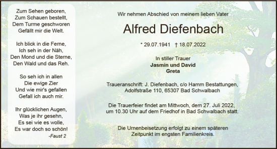 Traueranzeige von Alfred Diefenbach von vrm-trauer Wiesbadener Kurier