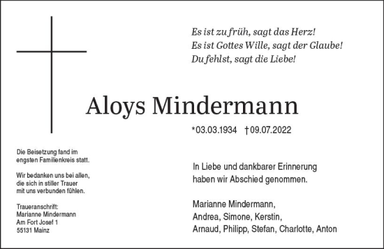 Traueranzeige von Aloys Mindermann von vrm-trauer AZ Mainz