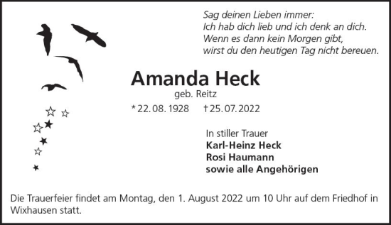 Traueranzeige von Amanda Heck von vrm-trauer Darmstädter Echo