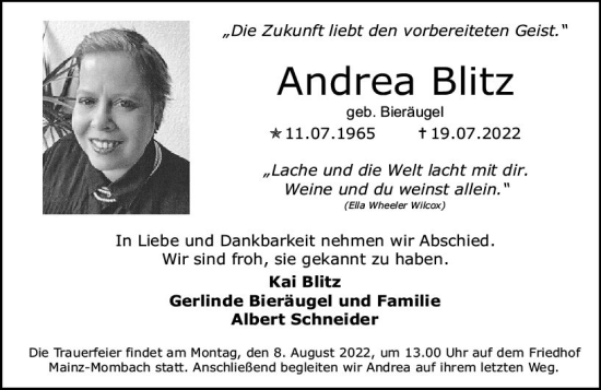 Traueranzeige von Andrea Blitz von vrm-trauer AZ Mainz