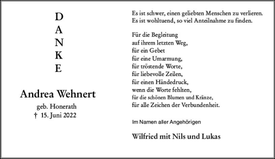 Traueranzeige von Andrea Wehnert von vrm-trauer Wiesbadener Kurier