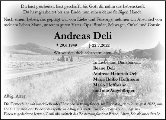 Traueranzeige von Andreas Deli von vrm-trauer Allgemeine Zeitung Alzey