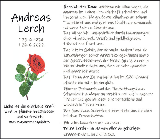 Traueranzeige von Andreas Lerch von vrm-trauer Odenwälder Echo