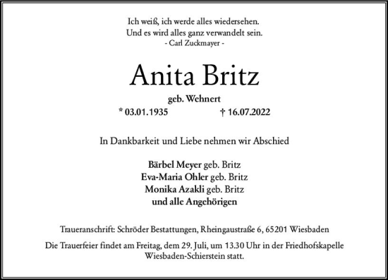Traueranzeige von Anita Britz von vrm-trauer Wiesbadener Kurier