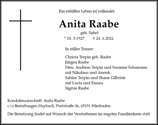 Traueranzeige von Anita Raabe von vrm-trauer Wiesbadener Kurier