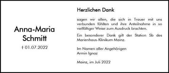 Traueranzeige von Anna-Maria Schmitt von vrm-trauer AZ Mainz