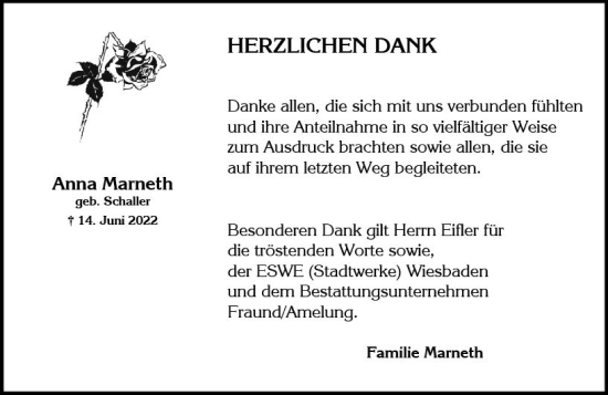 Traueranzeige von Anna Marneth von vrm-trauer Wiesbadener Kurier