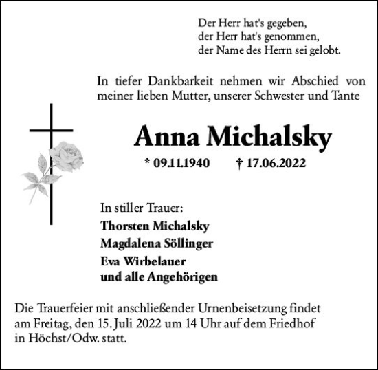 Traueranzeige von Anna Michalsky von vrm-trauer Odenwälder Echo