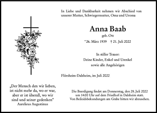 Traueranzeige von Anna Baab von vrm-trauer Wormser Zeitung