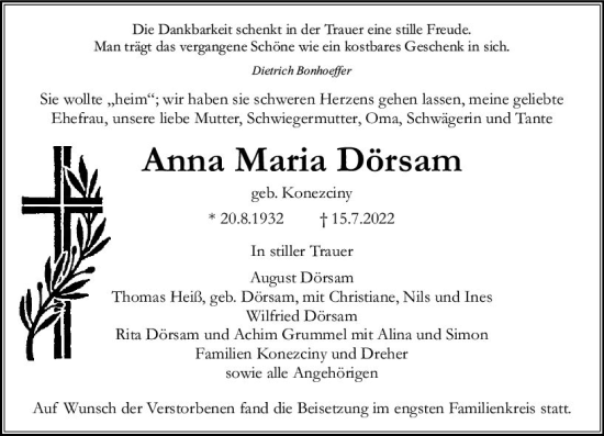 Traueranzeige von Anna Maria Dörsam von vrm-trauer Rüsselsheimer Echo / MainSpitze