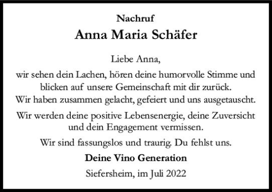 Traueranzeige von Anna Maria Schäfer von vrm-trauer Allgemeine Zeitung Alzey