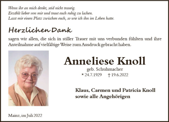 Traueranzeige von Anneliese Knoll von vrm-trauer AZ Mainz