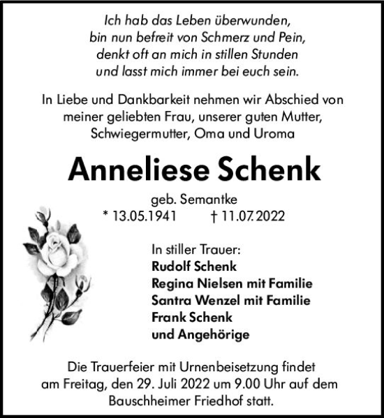 Traueranzeige von Anneliese Schenk von vrm-trauer Rüsselsheimer Echo / MainSpitze