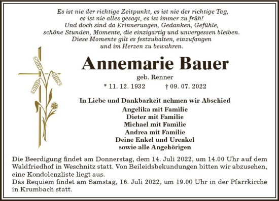 Traueranzeige von Annemarie Bauer von vrm-trauer Bürstädter/Lamperth. Ztg/Starkenburger