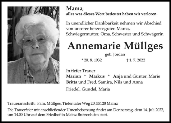 Traueranzeige von Annemarie Müllges von vrm-trauer AZ Mainz
