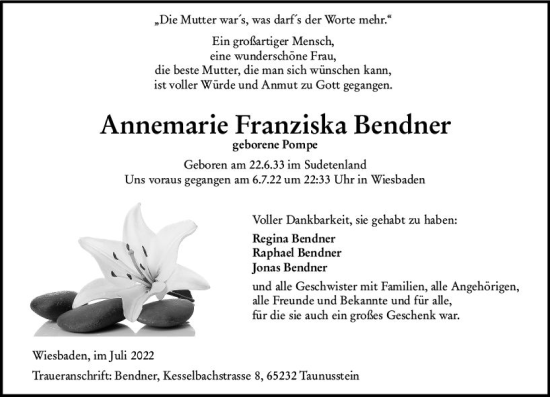 Traueranzeige von Annemarie Franziska Bendner von vrm-trauer Wiesbadener Kurier