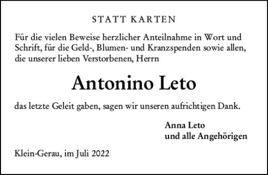Traueranzeige von Antonino Leto von vrm-trauer Groß-Gerauer Echo