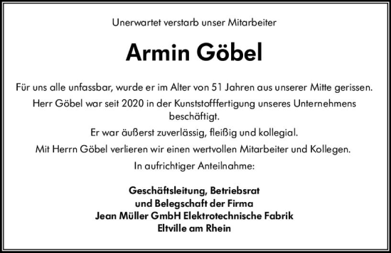 Traueranzeige von Armin Göbel von vrm-trauer Rheingau