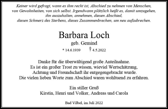 Traueranzeige von Barbara Loch von vrm-trauer Wiesbadener Kurier