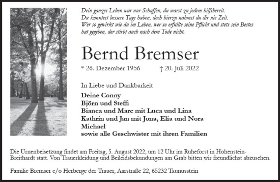 Traueranzeige von Bernd Bremser von vrm-trauer WK-UTA
