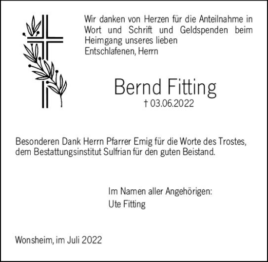 Traueranzeige von Bernd Fitting von vrm-trauer Allgemeine Zeitung Alzey