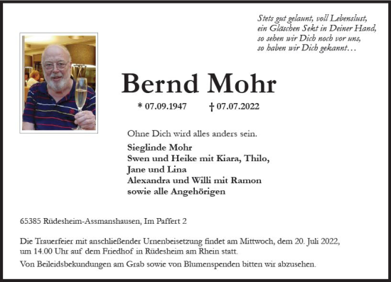 Traueranzeige von Bernd Mohr von vrm-trauer Rheingau