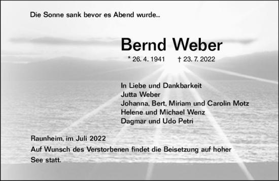 Traueranzeige von Bernd Weber von vrm-trauer Rüsselsheimer Echo / MainSpitze