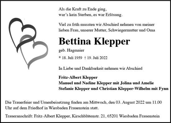 Traueranzeige von Bettina Klepper von vrm-trauer Wiesbadener Kurier
