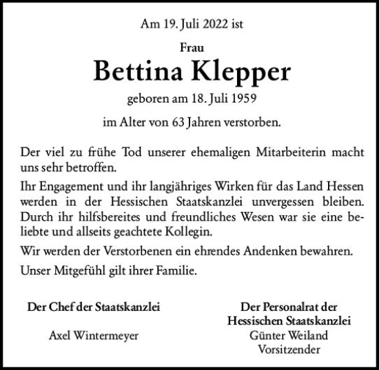Traueranzeige von Bettina Klepper von vrm-trauer Wiesbadener Kurier