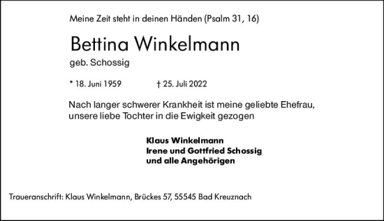 Traueranzeige von Bettina Winkelmann von vrm-trauer Wiesbadener Kurier