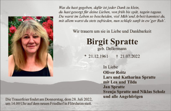 Traueranzeige von Birgit Spratte von vrm-trauer Rüsselsheimer Echo / MainSpitze