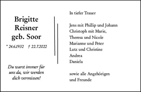 Traueranzeige von Brigitte Reisner von vrm-trauer Darmstädter Echo