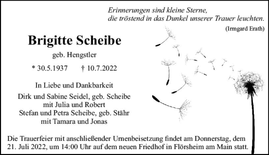 Traueranzeige von Brigitte Scheibe von vrm-trauer Rüsselsheimer Echo / MainSpitze